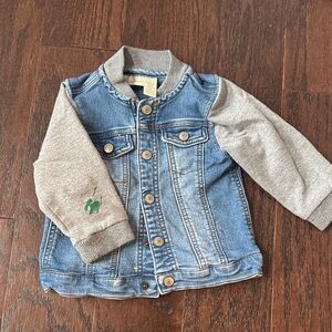 First Impressions Denim Jacket with Gray Knit Sleeves and Green Accent